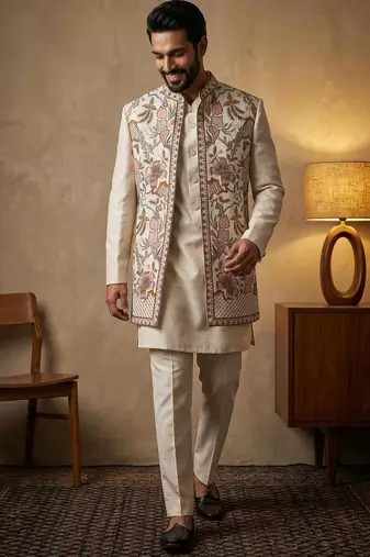 Creampremium linen 3-piece indo-western designer party wear set with intricate embroidery & handwork