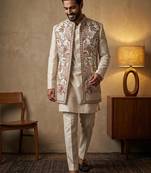 Creampremium linen 3-piece indo-western designer party wear set with intricate embroidery & handwork