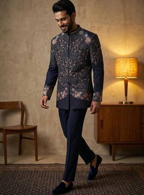 Navy blue premium heavy lachka 3-piece indo-western designer party wear set with intricate embroidery 1