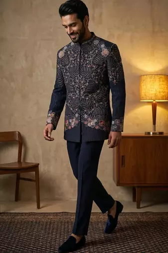 Navy blue premium heavy lachka 3-piece indo-western designer party wear set with intricate embroidery