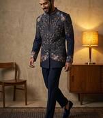 Navy blue premium heavy lachka 3-piece indo-western designer party wear set with intricate embroidery
