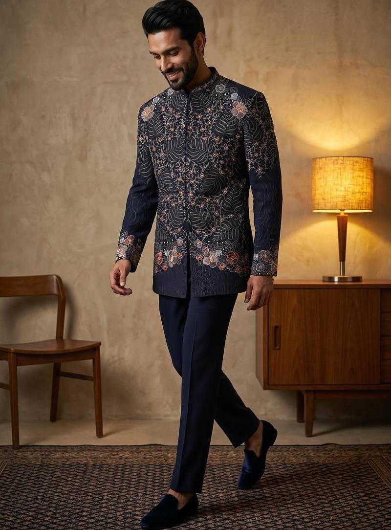 Navy blue premium heavy lachka 3-piece indo-western designer party wear set with intricate embroidery