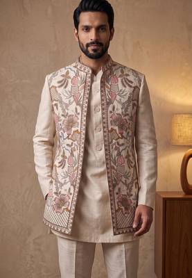 Creampremium linen 3-piece indo-western designer party wear set with intricate embroidery & handwork 2