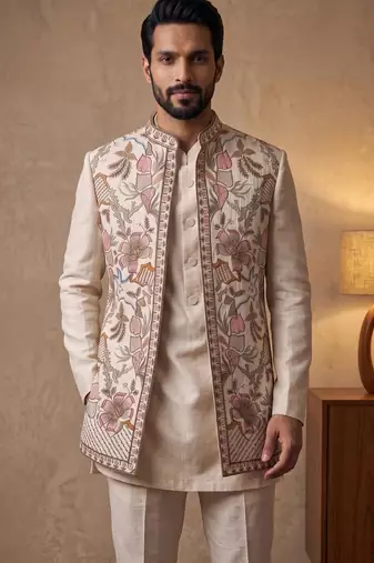 Creampremium linen 3-piece indo-western designer party wear set with intricate embroidery & handwork