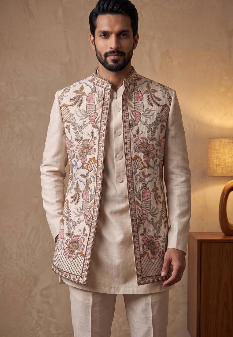 Creampremium linen 3-piece indo-western designer party wear set with intricate embroidery & handwork