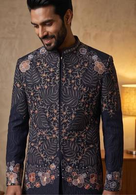 Navy blue premium heavy lachka 3-piece indo-western designer party wear set with intricate embroidery 2