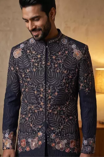 Navy blue premium heavy lachka 3-piece indo-western designer party wear set with intricate embroidery