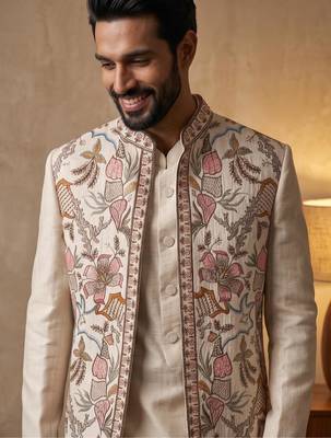 Creampremium linen 3-piece indo-western designer party wear set with intricate embroidery & handwork 3