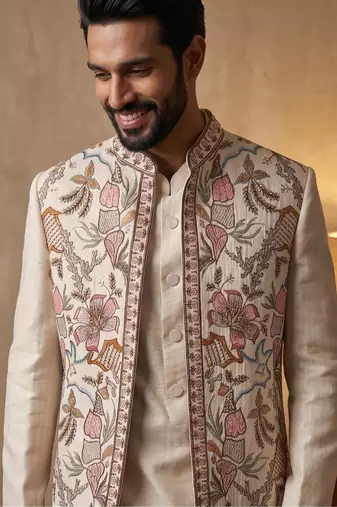 Creampremium linen 3-piece indo-western designer party wear set with intricate embroidery & handwork