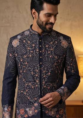 Navy blue premium heavy lachka 3-piece indo-western designer party wear set with intricate embroidery 3