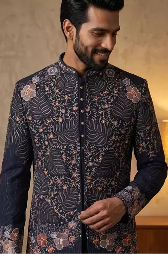 Navy blue premium heavy lachka 3-piece indo-western designer party wear set with intricate embroidery