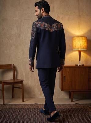Navy blue premium heavy lachka 3-piece indo-western designer party wear set with intricate embroidery 4