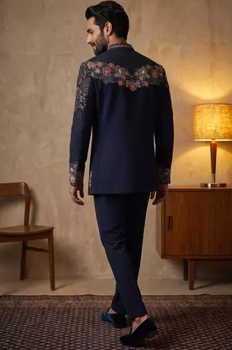 Navy blue premium heavy lachka 3-piece indo-western designer party wear set with intricate embroidery