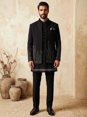 Black premium heavy lachka 3-piece indo-western designer party wear set with intricate embroidery & handwork 1