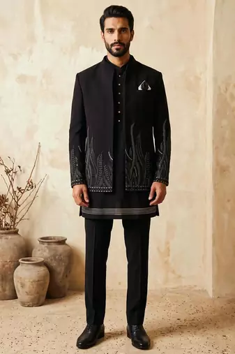 Black premium heavy lachka 3-piece indo-western designer party wear set with intricate embroidery & handwork