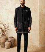 Black premium heavy lachka 3-piece indo-western designer party wear set with intricate embroidery & handwork