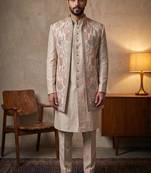 Cream premium linen 3-piece indo-western designer party wear set with intricate embroidery & handwork