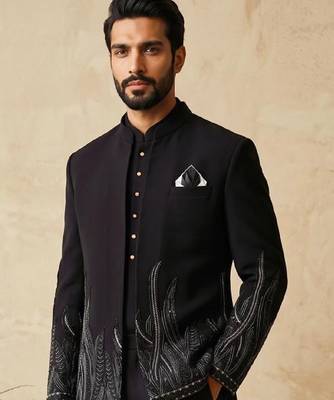 Black premium heavy lachka 3-piece indo-western designer party wear set with intricate embroidery & handwork 2