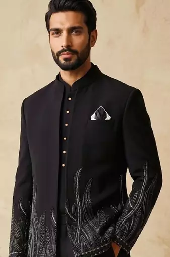 Black premium heavy lachka 3-piece indo-western designer party wear set with intricate embroidery & handwork