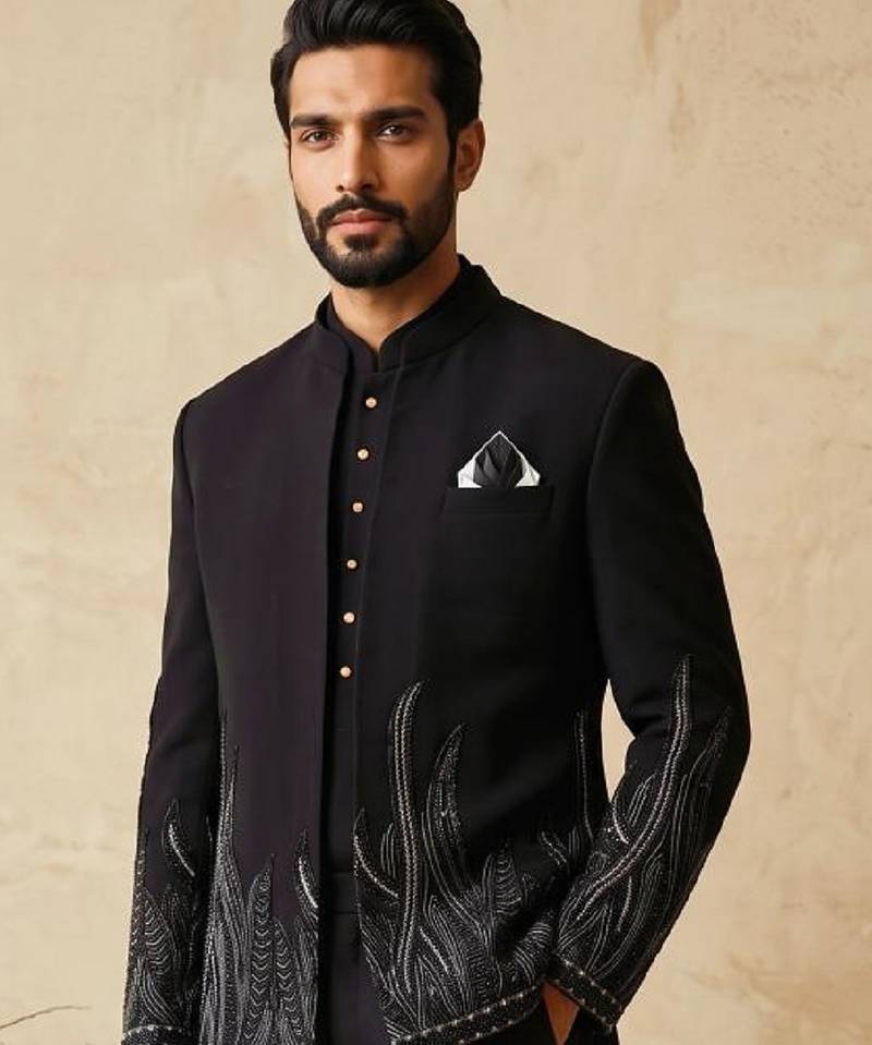 Black premium heavy lachka 3-piece indo-western designer party wear set with intricate embroidery & handwork