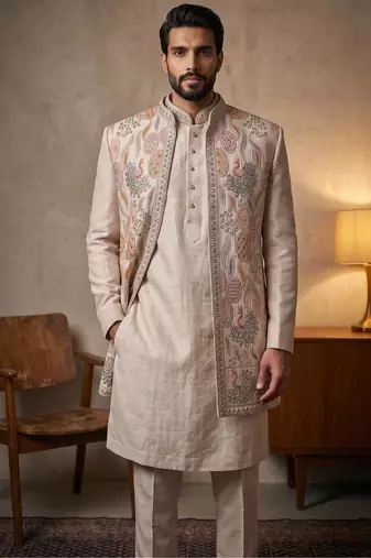 Cream premium linen 3-piece indo-western designer party wear set with intricate embroidery & handwork