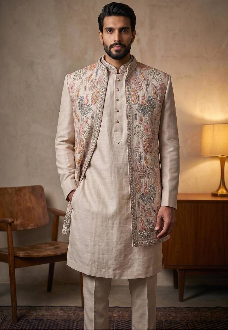 Cream premium linen 3-piece indo-western designer party wear set with intricate embroidery & handwork