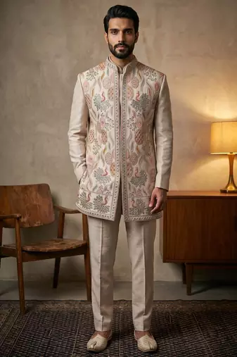 Cream premium linen 3-piece indo-western designer party wear set with intricate embroidery & handwork