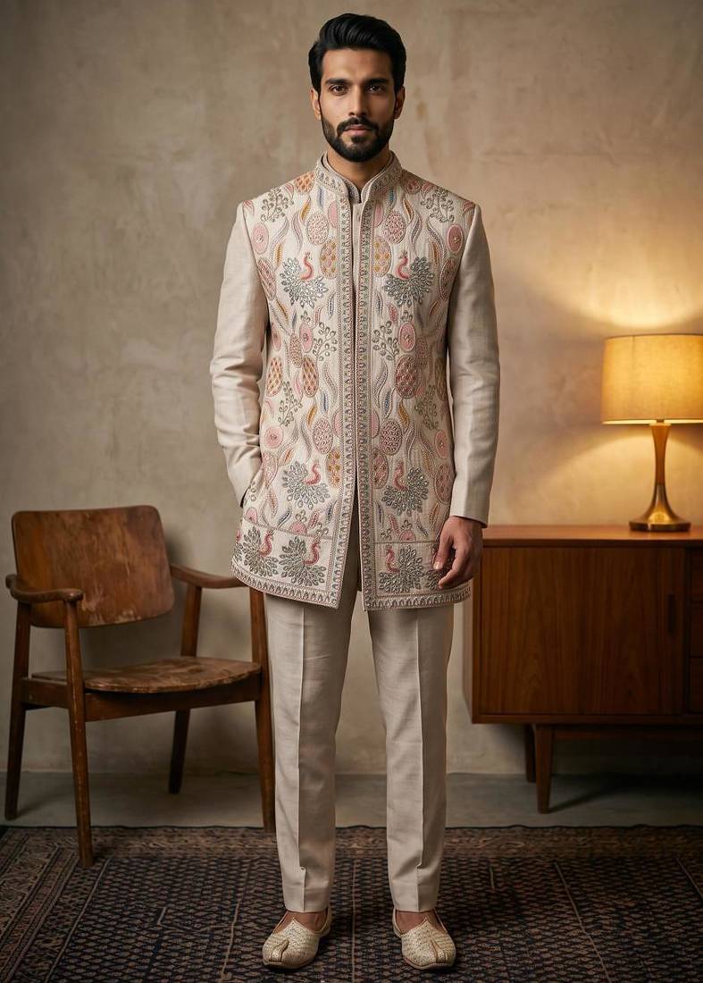 Cream premium linen 3-piece indo-western designer party wear set with intricate embroidery & handwork