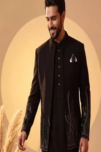 Black premium heavy lachka 3-piece indo-western designer party wear set with intricate embroidery & handwork