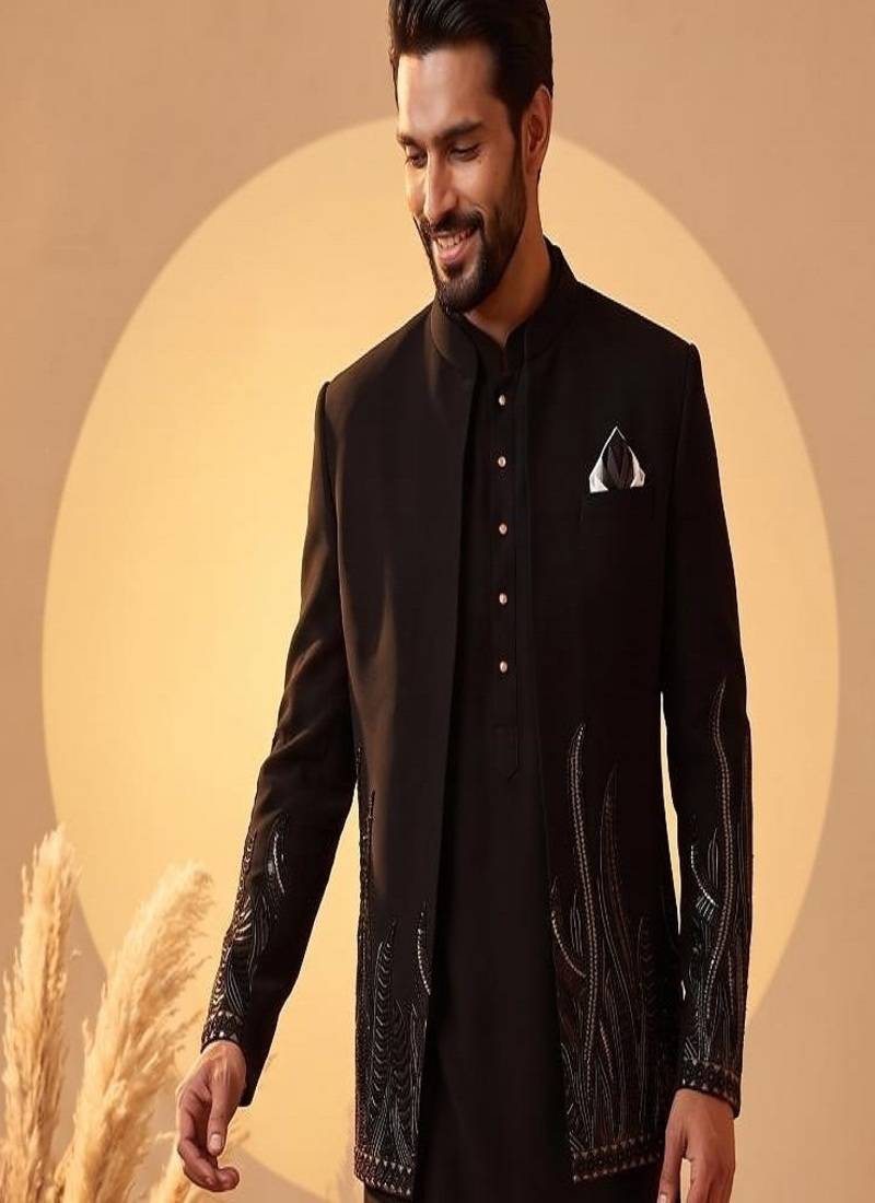 Black premium heavy lachka 3-piece indo-western designer party wear set with intricate embroidery & handwork