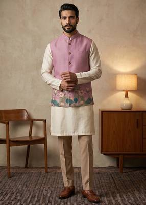 Pink designer linen modi jacket – digital printed with intricate handwork 1
