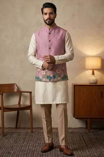 Pink designer linen modi jacket – digital printed with intricate handwork