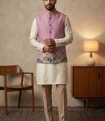 Pink designer linen modi jacket – digital printed with intricate handwork