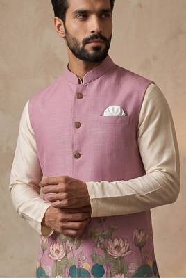 Pink designer linen modi jacket – digital printed with intricate handwork 2