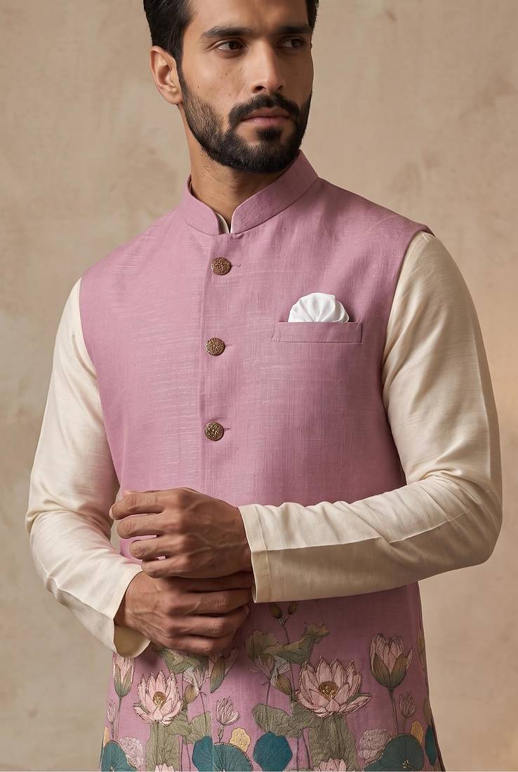 Pink designer linen modi jacket – digital printed with intricate handwork