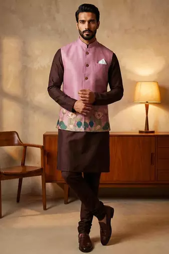 Pink designer linen modi jacket – digital printed with intricate handwork