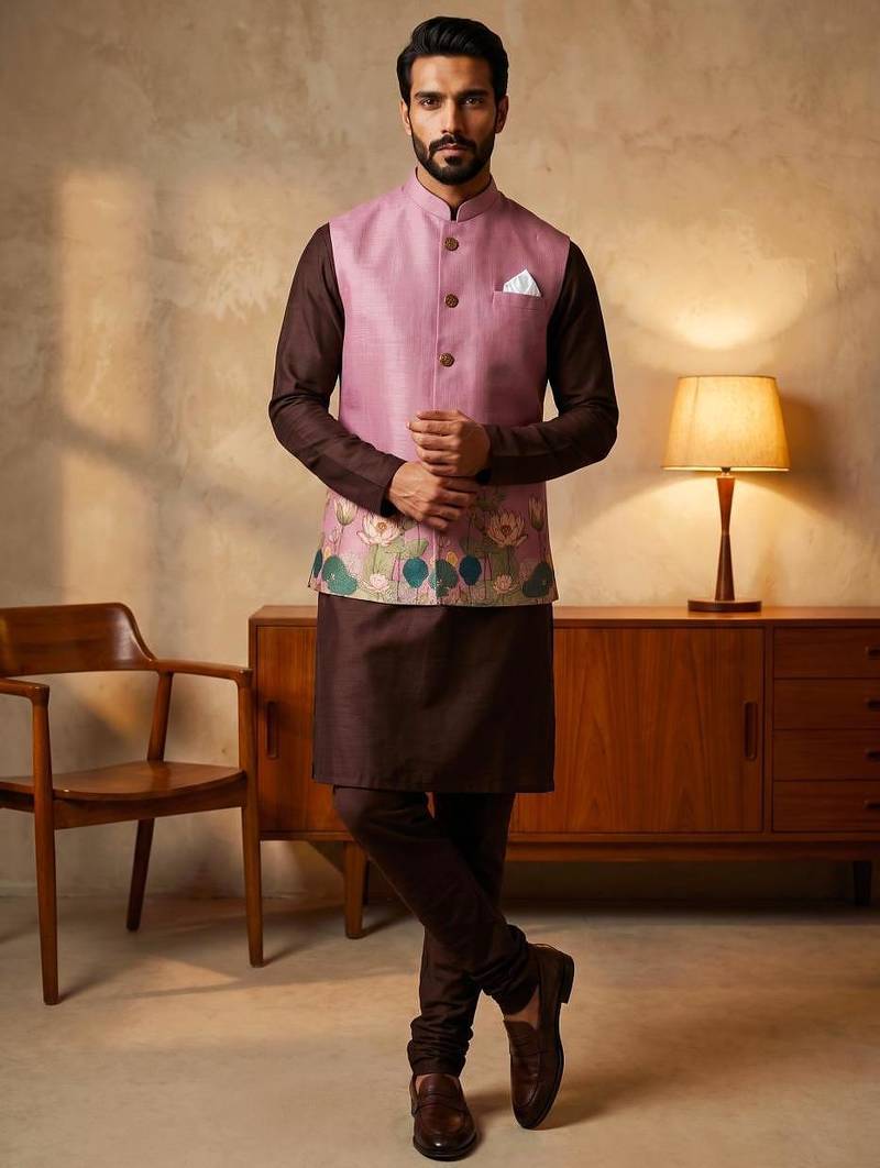 Pink designer linen modi jacket – digital printed with intricate handwork