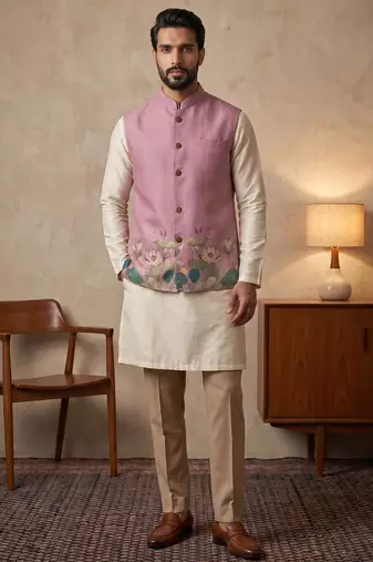 Pink designer linen modi jacket – digital printed with intricate handwork