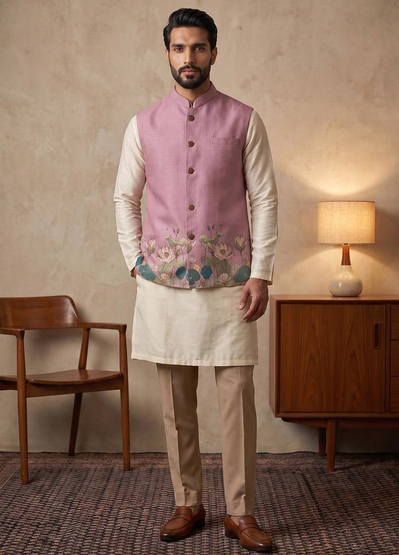 Pink designer linen modi jacket – digital printed with intricate handwork