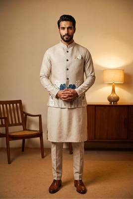 Cream designer linen modi jacket – digital printed with intricate handwork 1