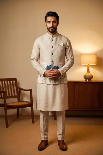 Cream designer linen modi jacket – digital printed with intricate handwork