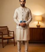 Cream designer linen modi jacket – digital printed with intricate handwork