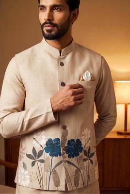 Cream designer linen modi jacket – digital printed with intricate handwork 2