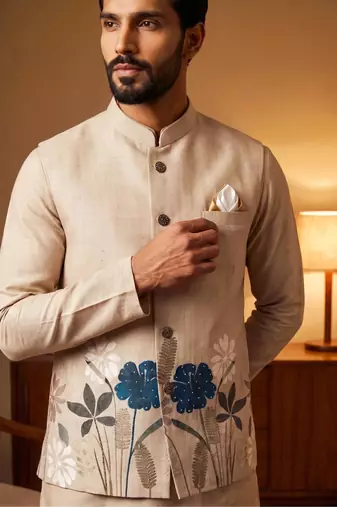 Cream designer linen modi jacket – digital printed with intricate handwork