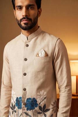 Cream designer linen modi jacket – digital printed with intricate handwork 3