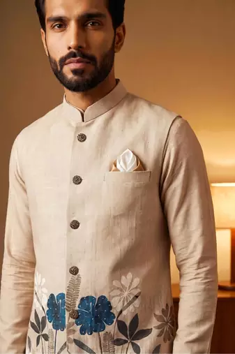 Cream designer linen modi jacket – digital printed with intricate handwork