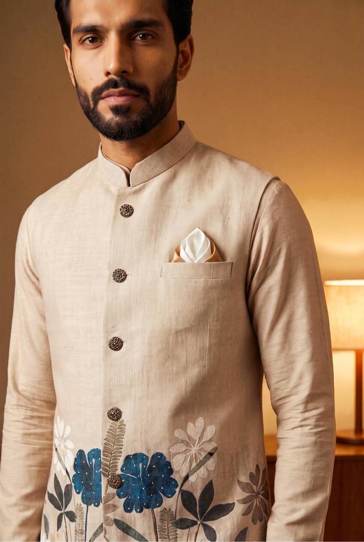 Cream designer linen modi jacket – digital printed with intricate handwork