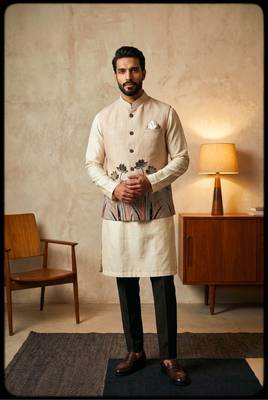 Cream designer linen modi jacket – digital printed with intricate handwork 1