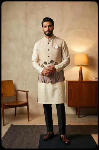 Cream designer linen modi jacket – digital printed with intricate handwork