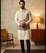 Cream designer linen modi jacket – digital printed with intricate handwork